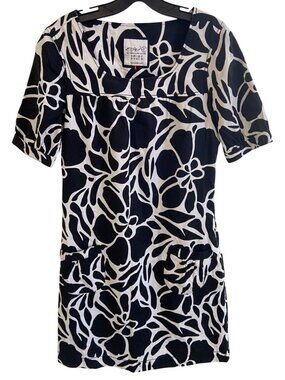 Vintage Esprit Dress Midi Sz 8 Floral Black White Short Sleeve Front Pockets